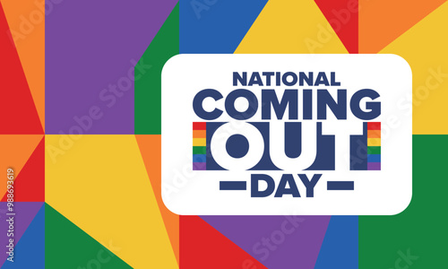 National Coming Out Day. Happy holiday. Pride month. LGBT rainbow flag. Diversity and equality. Gay and lesbian. Free love, heart shape. Illustration. Vector poster