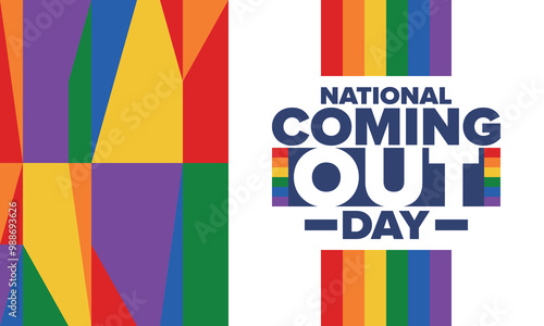 National Coming Out Day. Happy holiday. Pride month. LGBT rainbow flag. Diversity and equality. Gay and lesbian. Free love, heart shape. Illustration. Vector poster