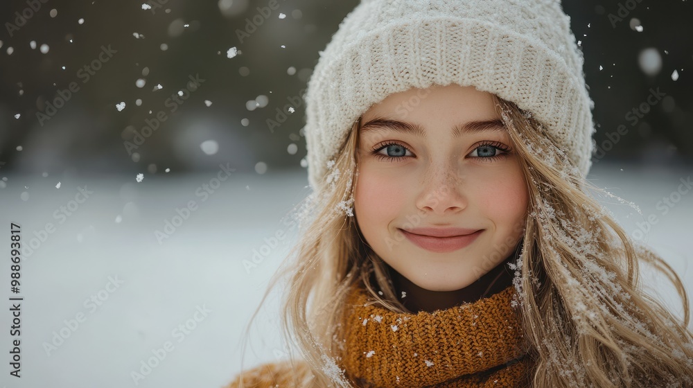 Young woman wearing a knit hat and scarf, smiling in snowy weather, cozy winter fashion, snowflakes falling, outdoor close-up portrait, winter day with soft lighting Young woman wearing a knit hat and scarf, smiling in snowy weather, cozy winter fashion, snowflakes falling, outdoor close-up portrait, winter day with soft lighting