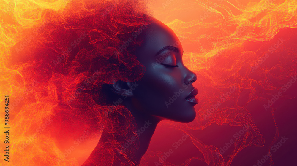 Elegant woman with afro hairstyle in a fiery red and orange digital art, flames and smoke textures symbolizing strength, power, and inner beauty Elegant woman with afro hairstyle in a fiery red and orange digital art, flames and smoke textures symbolizing strength, power, and inner beauty