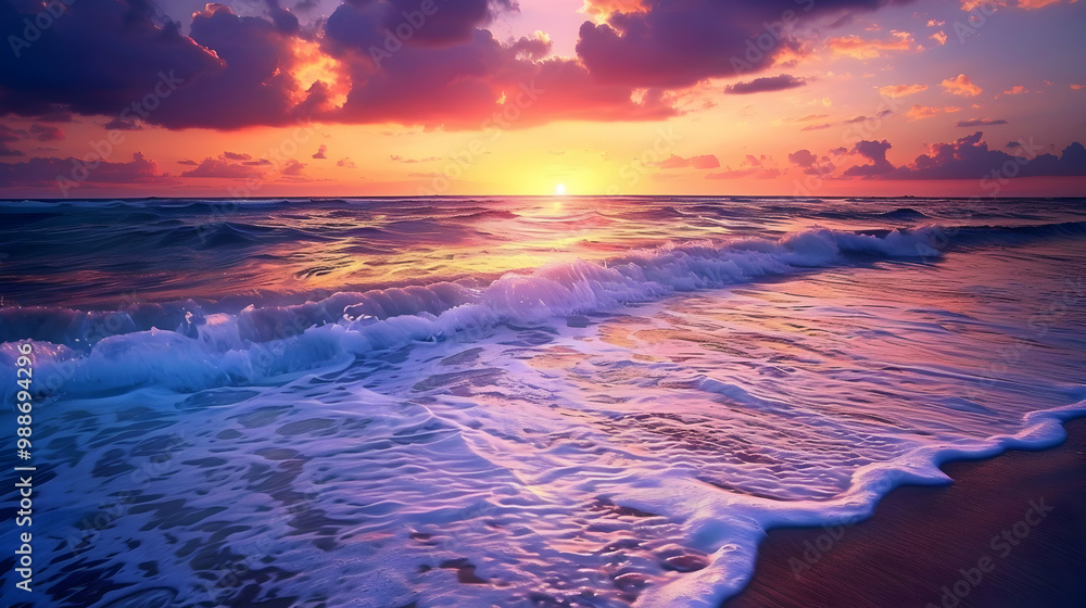 Obraz premium Stunning Ocean Sunset with Pink Clouds and Golden Light