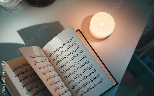 Open book with Arabic script next to a lit candle on a white surface. photo