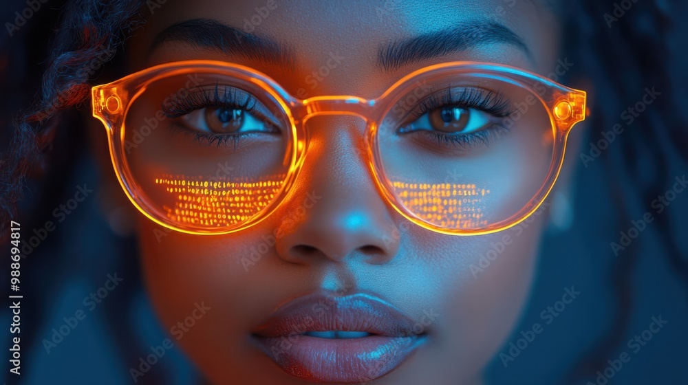 Close-up of woman in glowing orange glasses, reflecting digital data in a futuristic tech environment, symbolizing coding, programming, and innovation in technology. Close-up of woman in glowing orange glasses, reflecting digital data in a futuristic tech environment, symbolizing coding, programming, and innovation in technology.
