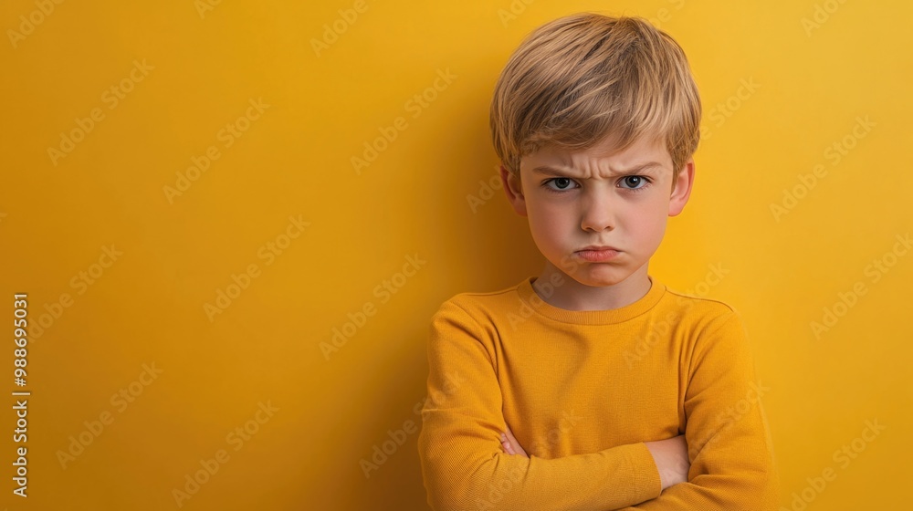Blond boy with arms crossed and an angry expression on a colored background. Blond boy with arms crossed and an angry expression on a colored background.