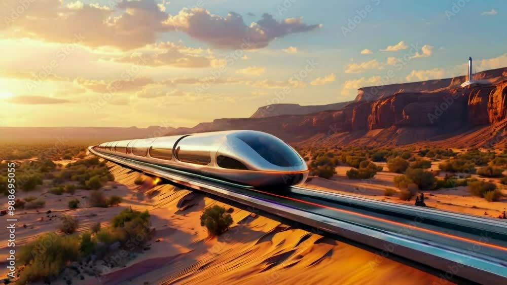 A futuristic train glides through a desert landscape at sunset. A futuristic train glides through a desert landscape at sunset.