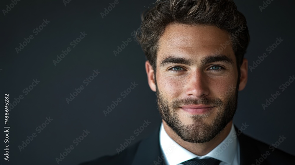 Confident businessman with beard smiling in a suit, standing against a dark background. Professional corporate portrait showcasing leadership, success, and formal attire for executive roles. Confident businessman with beard smiling in a suit, standing against a dark background. Professional corporate portrait showcasing leadership, success, and formal attire for executive roles.