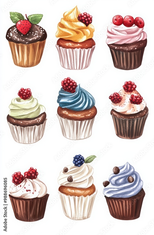 bakery and cafe banners, posters, and advertising materials. cupcakes decorated with cream swirls of various colors, one filled with blueberries or strawberries, and another with chocolate chips. bakery and cafe banners, posters, and advertising materials. cupcakes decorated with cream swirls of various colors, one filled with blueberries or strawberries, and another with chocolate chips.
