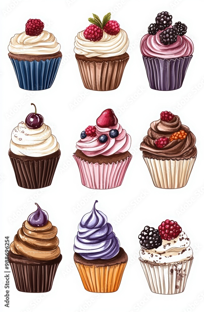 bakery and cafe banners, posters, and advertising materials. cupcakes decorated with cream swirls of various colors, one filled with blueberries or strawberries, and another with chocolate chips. bakery and cafe banners, posters, and advertising materials. cupcakes decorated with cream swirls of various colors, one filled with blueberries or strawberries, and another with chocolate chips.
