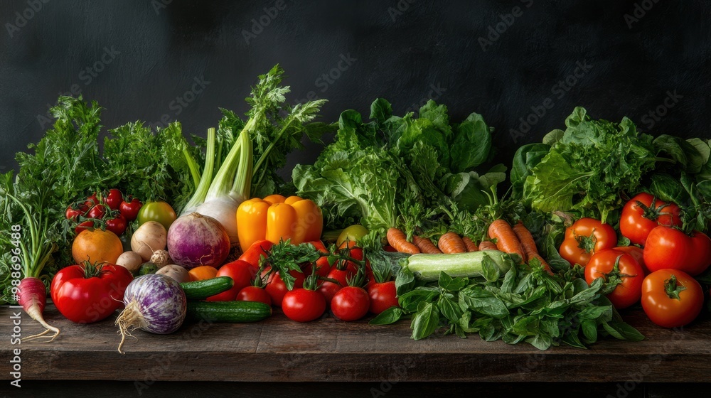 A vibrant arrangement of fresh vegetables on a wooden table, featuring various types of greens, tomatoes, and root vegetables against a dark background. A vibrant arrangement of fresh vegetables on a wooden table, featuring various types of greens, tomatoes, and root vegetables against a dark background.