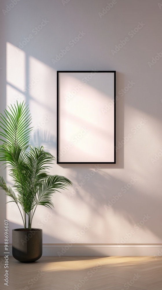 A minimalist interior scene featuring a blank picture frame and a potted plant, illuminated by natural light from a window. A minimalist interior scene featuring a blank picture frame and a potted plant, illuminated by natural light from a window.