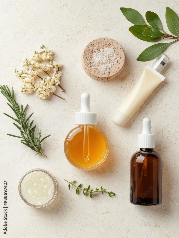 Aesthetic arrangement of skincare products, including oils, creams, and natural ingredients, highlighting a focus on beauty and self-care. Aesthetic arrangement of skincare products, including oils, creams, and natural ingredients, highlighting a focus on beauty and self-care.