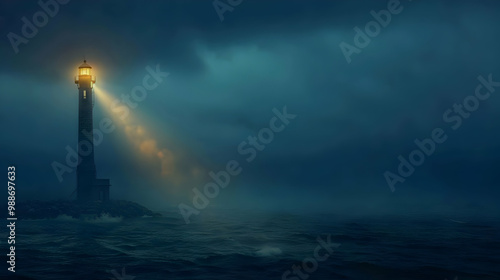 Lighthouse in a Stormy Sea at Night