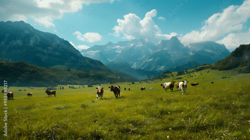 Cows Grazing in a Picturesque Alpine Meadow Cows Grazing in a Picturesque Alpine Meadow