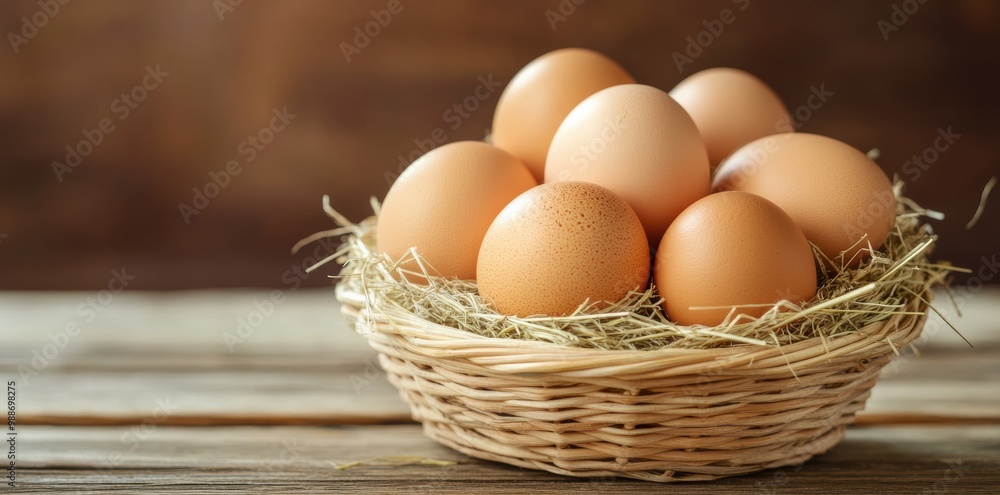 A cozy basket of fresh brown eggs rests on a rustic wooden table, surrounded by hay, showcasing their natural beauty. A cozy basket of fresh brown eggs rests on a rustic wooden table, surrounded by hay, showcasing their natural beauty.