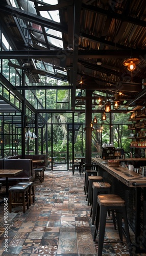 Industrial-chic bar with a glass ceiling and a view of the lush greenery outside.