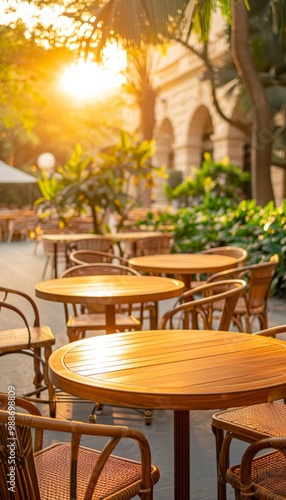 Empty tables and chairs at an outdoor cafe with warm evening light.