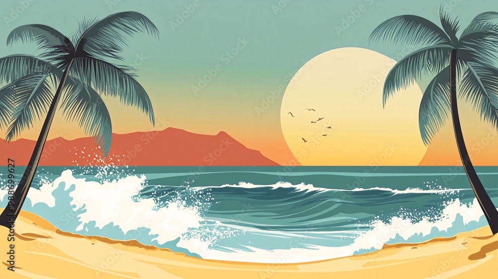 Obraz premium Sunset over a tropical beach with palm trees, ocean waves crashing on the shore, and a big sun in the sky.