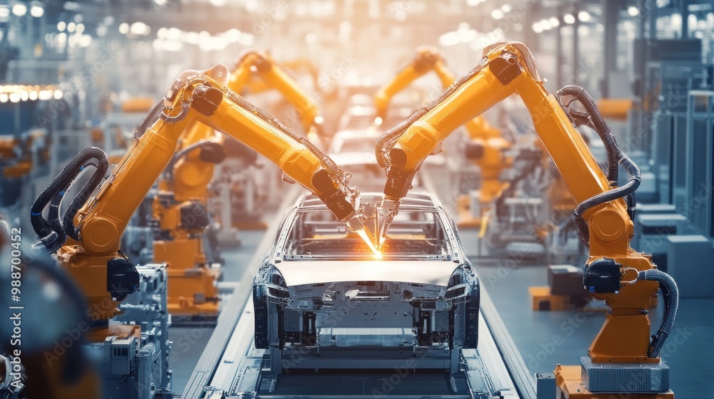 Robotic Arms in Car Manufacturing Factory Robotic Arms in Car Manufacturing Factory