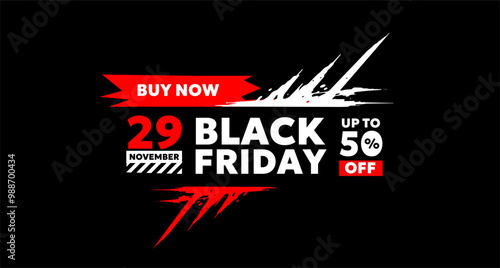 Vector black friday sale illustration with white and red bold type text on dark background. Flat style sale promotion creative design of black friday label with 50% off for discount