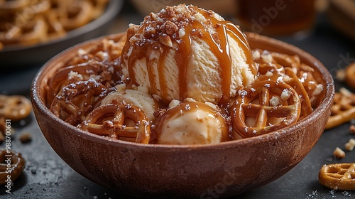 A bowl of vanilla ice cream topped with caramel sauce, pretzels, and chopped nuts.