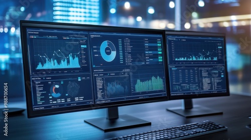 Computer monitor displaying an abstract dashboard with data analytics, graphs and charts