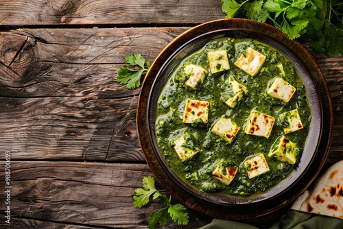 A plate of Palak Paneer with warm, freshly baked naan bread on the side.Indian palak paneer.Indian traditional food.Spinach palak paneer.