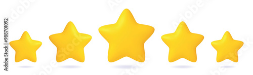 Rating 3d concept. Five yellow stars, realistic render elements. Review and feedback, work or service evaluation, clients star, vector scene