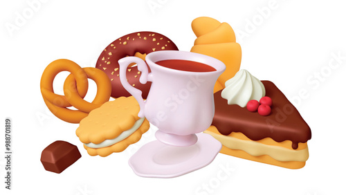 Tea time 3d composition. Teacup pastry and cake. Donut croissant cookie and chocolate. Tasty desserts realistic elements, cafe breakfast vector scene
