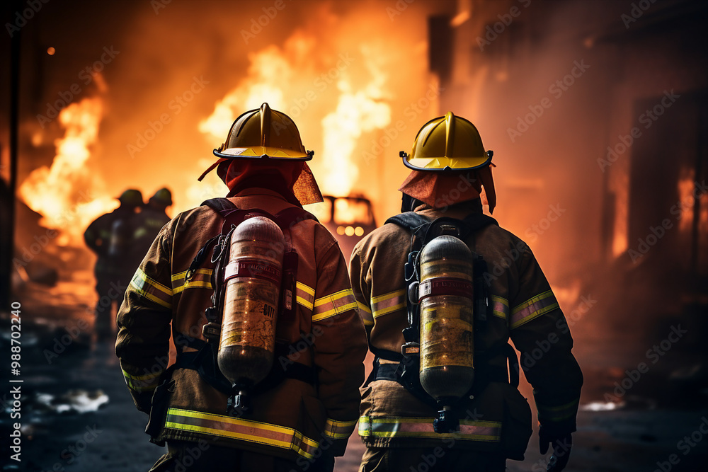Fototapeta premium AI generated photo of courageous male firefighter against the backdrop of a fire