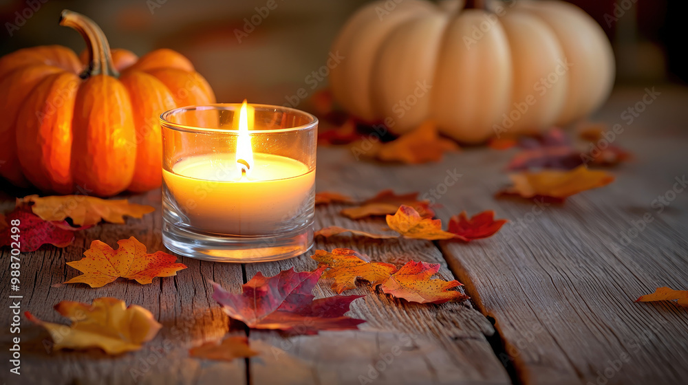 Warm autumn scene featuring a lit candle, pumpkins, and colorful fallen leaves on a rustic wooden table Warm autumn scene featuring a lit candle, pumpkins, and colorful fallen leaves on a rustic wooden table