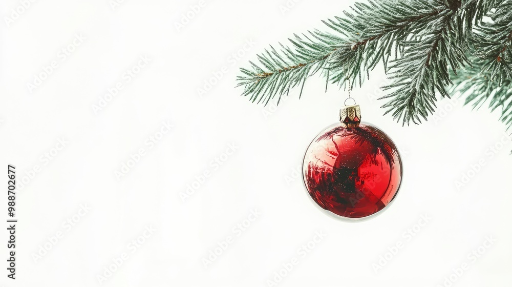 Single Red Christmas glass ball hanging from a pine branch, isolated on white with copy space  with generative ai