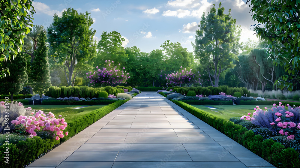 Serene Garden Path with Lush Greenery and Blooming Flowers Serene Garden Path with Lush Greenery and Blooming Flowers