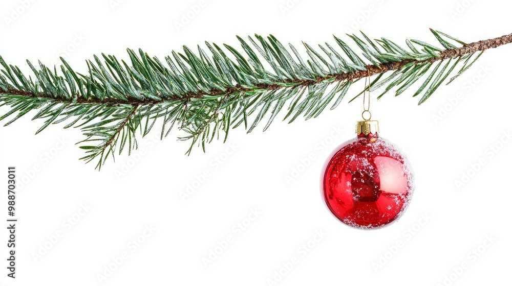 Single Red Christmas glass ball hanging from a pine branch, isolated on white with copy space with generative ai Single Red Christmas glass ball hanging from a pine branch, isolated on white with copy space with generative ai