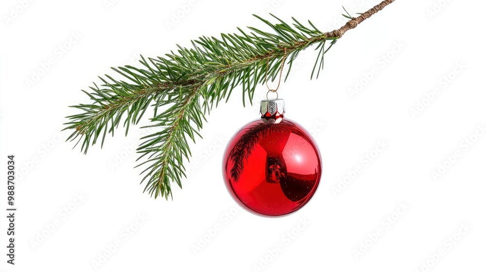 Single Red Christmas glass ball hanging from a pine branch, isolated on white with copy space with generative ai Single Red Christmas glass ball hanging from a pine branch, isolated on white with copy space with generative ai