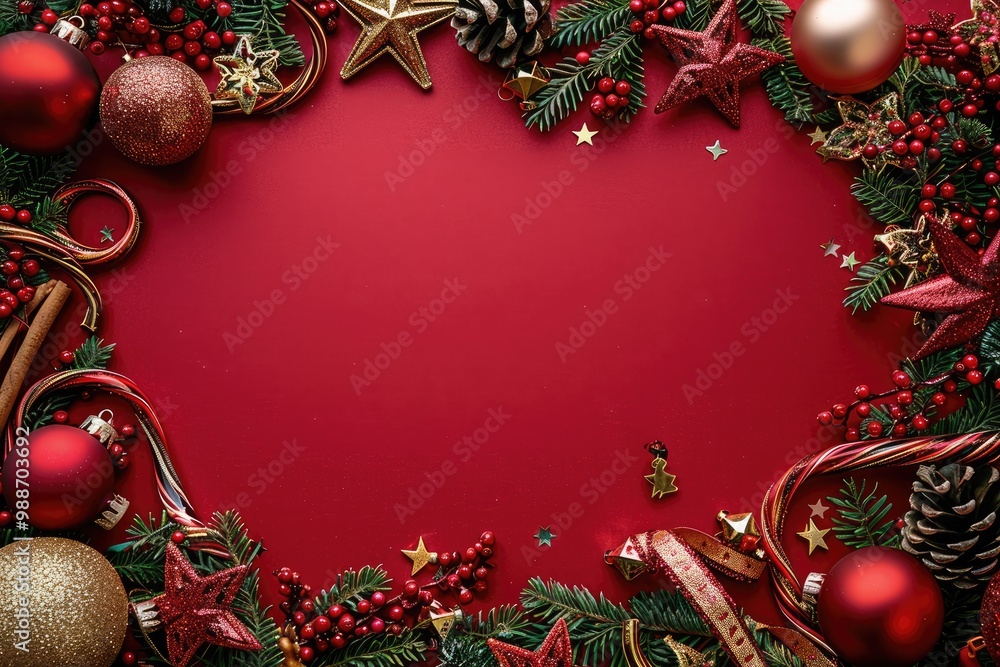 Festive Christmas Decorations Frame with Red Background Festive Christmas Decorations Frame with Red Background