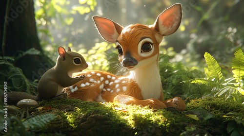 Cute creature deer sitting in the lush forest in the early morning. With a small squirrel-1 photo