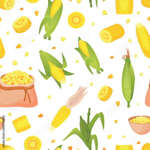 Corn cobs seamless pattern. Corns spikelets, yellow grains and cob in leaves. Agriculture fresh market, seasonal harvest. Organic raw vector background