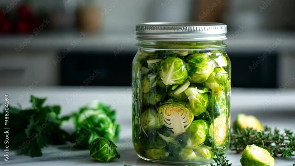 Bright green Brussels sprouts pickles in a glass jar with fresh herbs on wood, ready to enhance meals in a cozy kitchen setting Bright green Brussels sprouts pickles in a glass jar with fresh herbs on wood, ready to enhance meals in a cozy kitchen setting