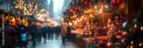 Festive Market Stall Amidst a Lively Crowd, Vibrant decorations, colorful goods, joyful atmosphere, seasonal cheer, bustling shoppers