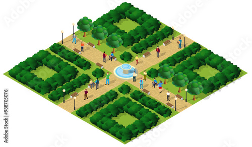 People walking in a green city park with trees and a fountain