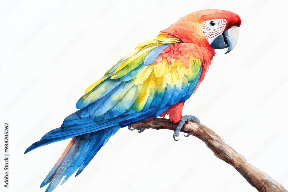 Watercolor Painting of a Scarlet Macaw Perched on a Branch. Watercolor Painting of a Scarlet Macaw Perched on a Branch.