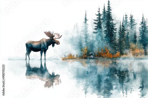 Moose in a Misty Forest.