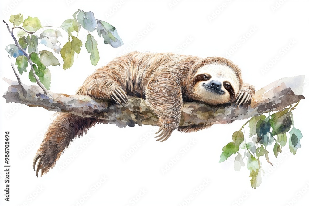 Obraz premium Sloth Hanging on a Branch Watercolor Painting.