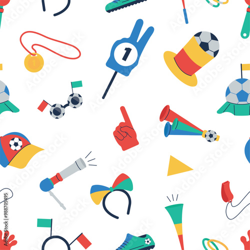 Football fans attributes. Flags foam finger whistles and horns. Sport fanatics elements seamless pattern, soccer tools vector background