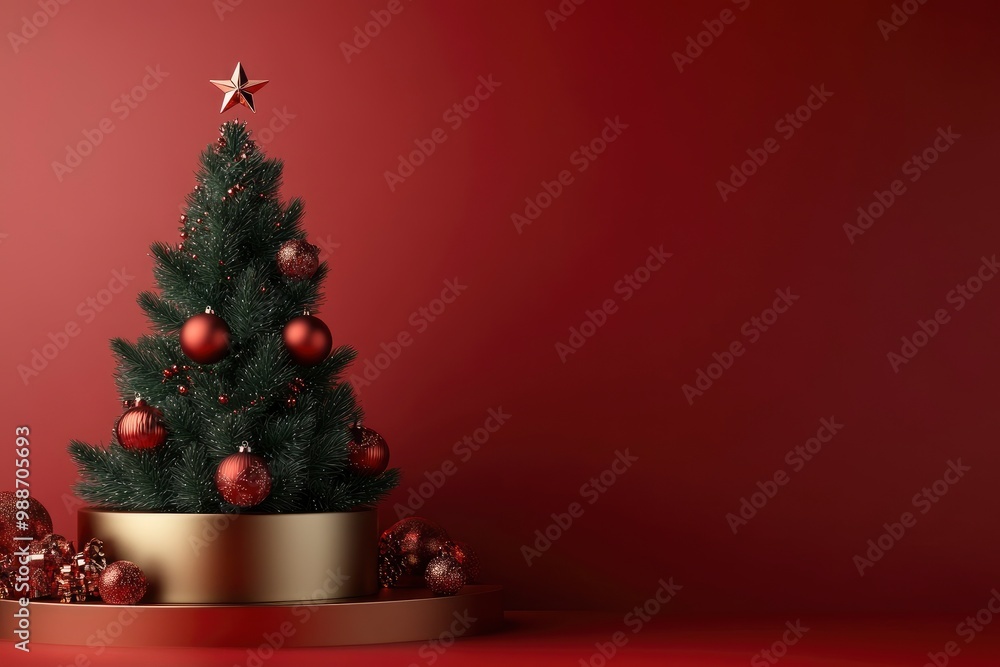 Stand product display podium with Christmas tree. Christmas concept on red background. 3D rendering with generative ai Stand product display podium with Christmas tree. Christmas concept on red background. 3D rendering with generative ai