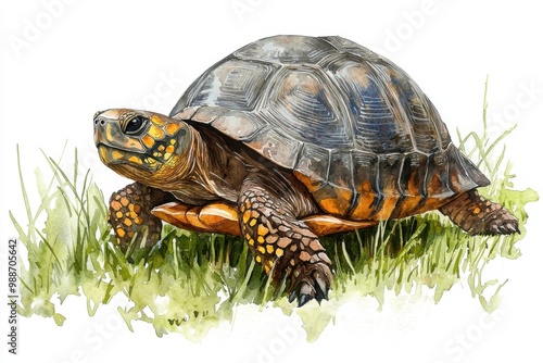 Watercolor Illustration of a Red-footed Tortoise in Grass.