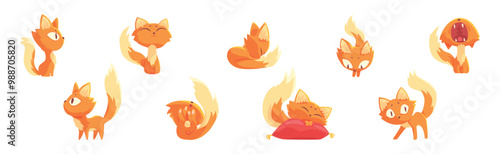 Funny Cat Character Tame Pet with Tail and Cute Snout Vector Set