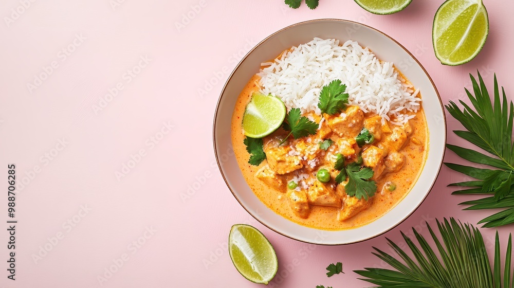A bowl of curry with rice and lime garnished, set against a pink background. A bowl of curry with rice and lime garnished, set against a pink background.