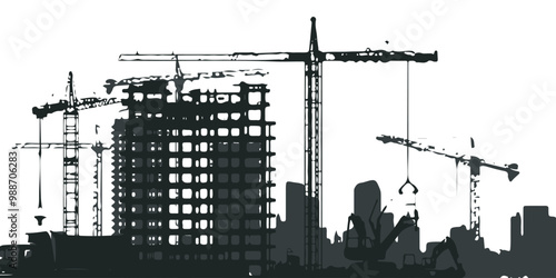 Vector background silhouette of the hotel and apartment building construction process showing construction with heavy equipment, workers and building structures. Suitable for construction project 