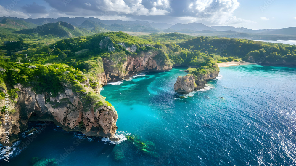 Aerial View of Tropical Beach with Cliffs and Azure Water Aerial View of Tropical Beach with Cliffs and Azure Water